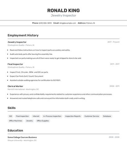 Jewelry Inspector Resume