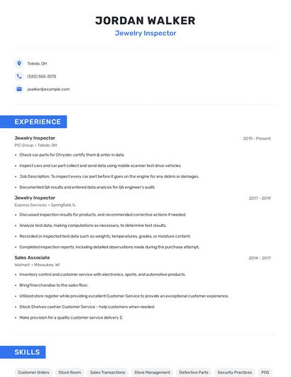 Jewelry Inspector Resume