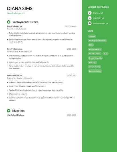 Jewelry Inspector Resume