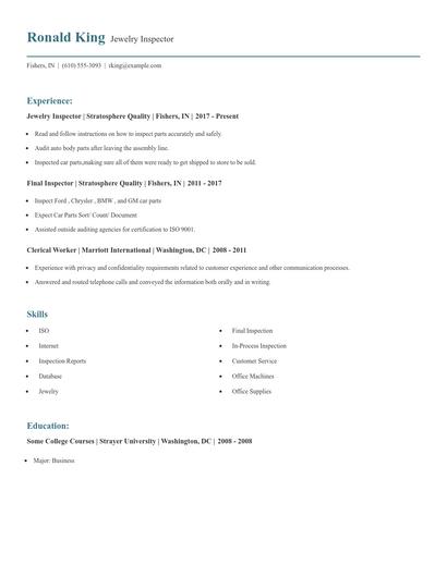 Jewelry Inspector Resume