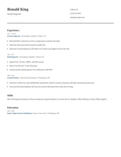 Jewelry Inspector Resume