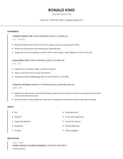 Jewelry Inspector Resume