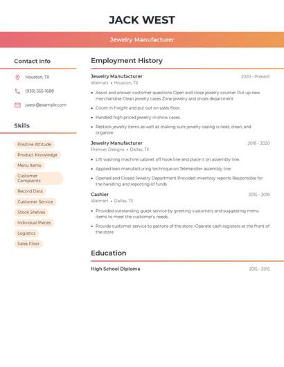 Jewelry Manufacturer Resume