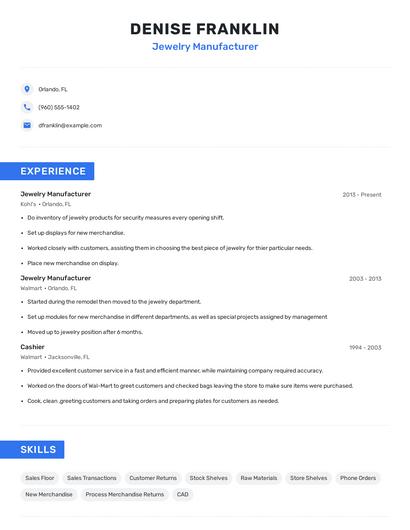 Jewelry Manufacturer Resume