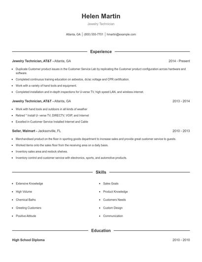 Jewelry Technician Resume