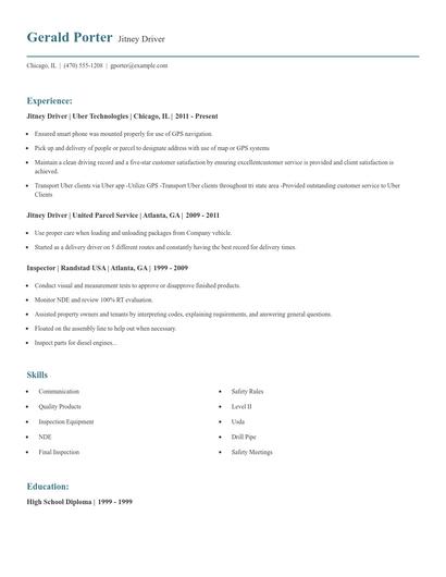 Jitney Driver Resume