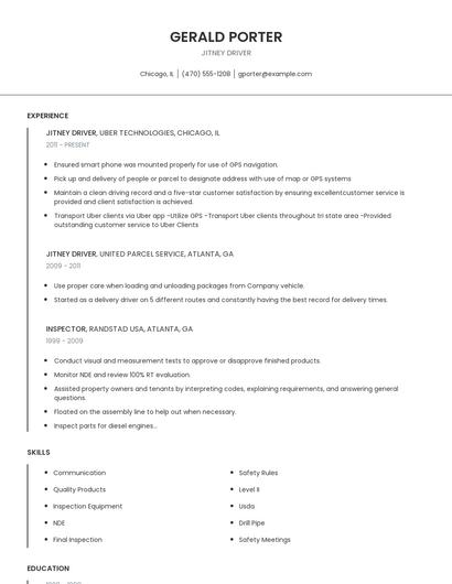Jitney Driver Resume