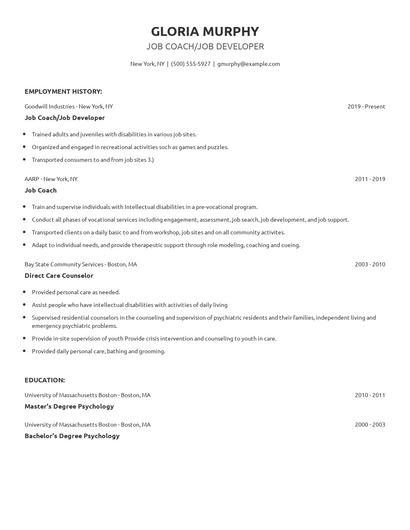 Job Coach/Job Developer Resume