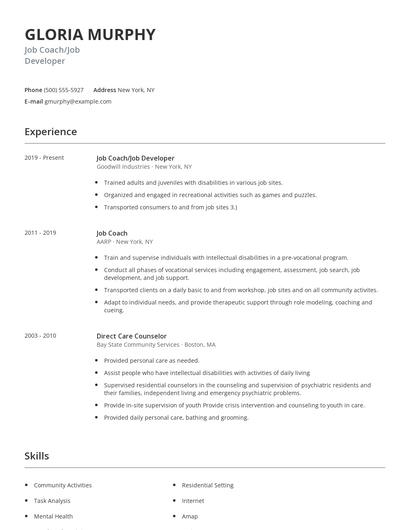 Job Coach/Job Developer Resume