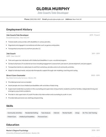 Job Coach/Job Developer Resume