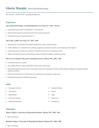 Job Coach/Job Developer Resume