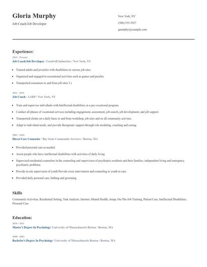 Job Coach/Job Developer Resume