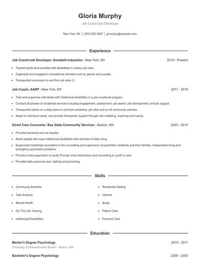 Job Coach/Job Developer Resume