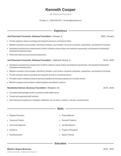 Job Placement Counselor Resume