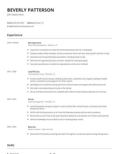 Job Supervisor Resume