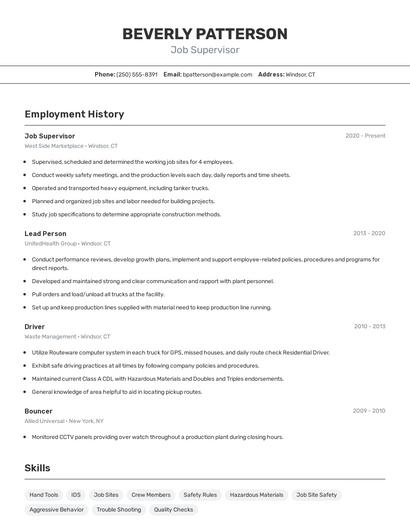 Job Supervisor Resume