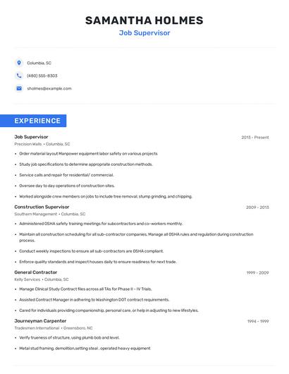 Job Supervisor Resume
