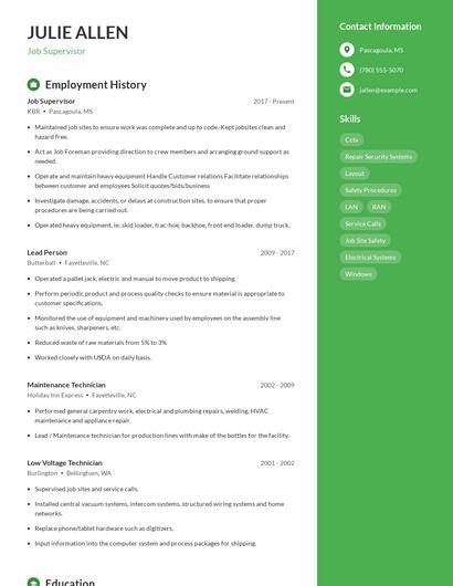 Job Supervisor Resume