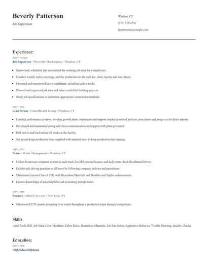 Job Supervisor Resume