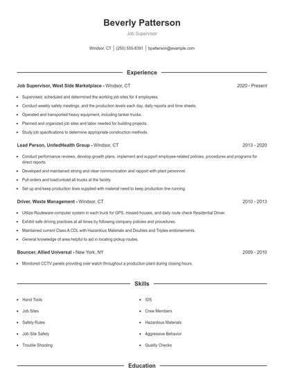 Job Supervisor Resume