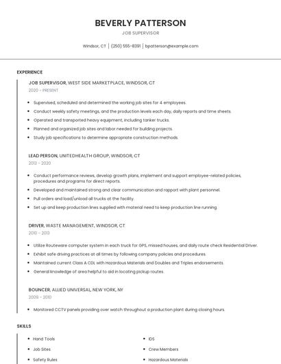 Job Supervisor Resume