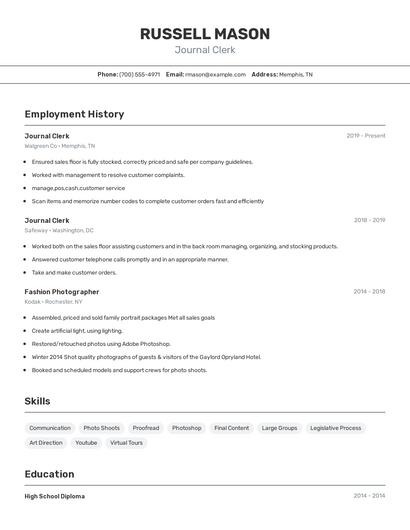 Journal Clerk Resume