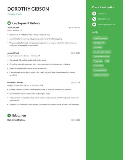 Journal Clerk Resume