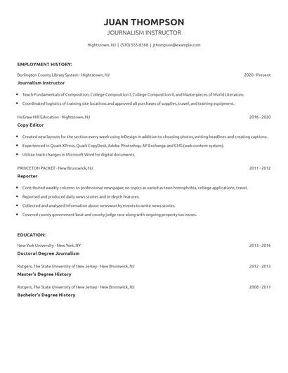 Journalism Instructor Resume