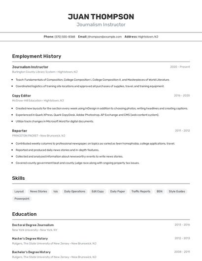 Journalism Instructor Resume
