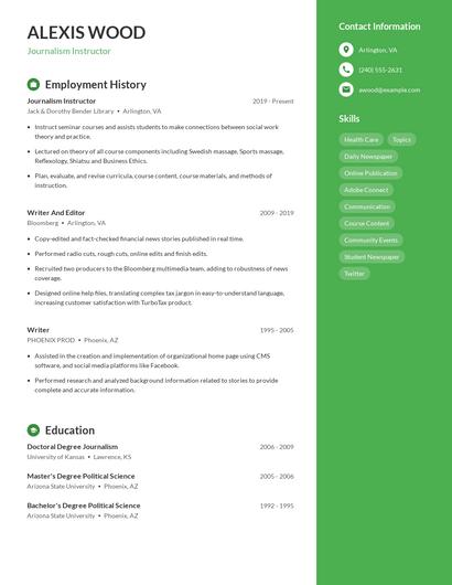 Journalism Instructor Resume