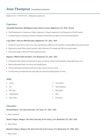 Journalism Instructor Resume