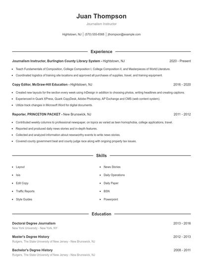 Journalism Instructor Resume