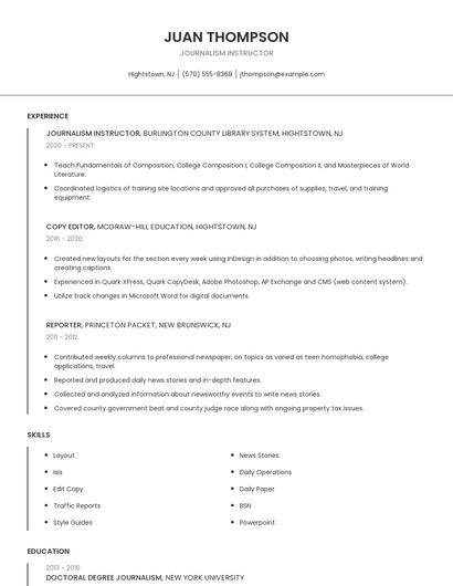 Journalism Instructor Resume