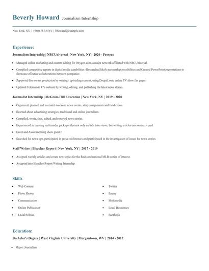 Journalism Internship Resume
