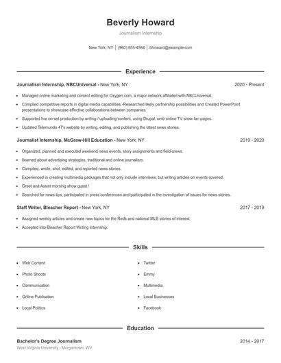 Journalism Internship Resume