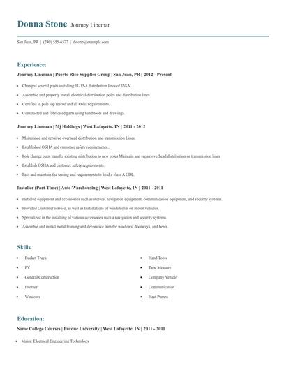 Journey Lineman Resume