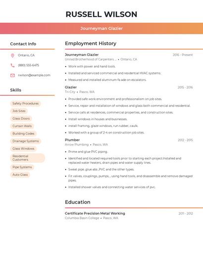 Journeyman Glazier Resume