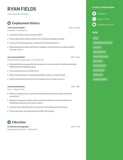 Journeyman Glazier Resume
