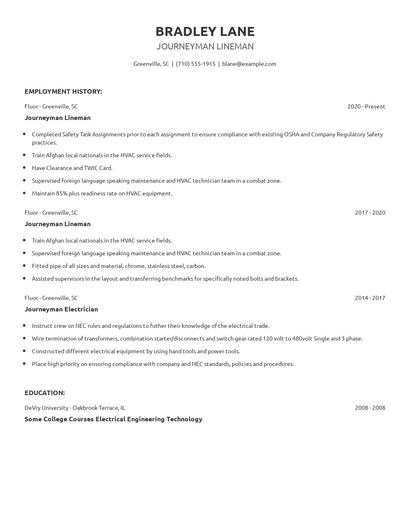 Journeyman Lineman Resume