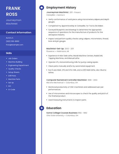 Journeyman Machinist Resume