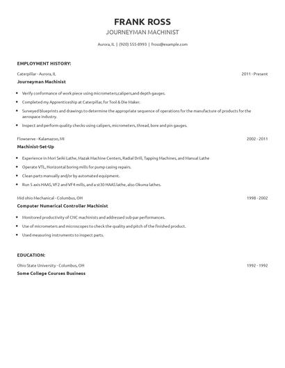 Journeyman Machinist Resume