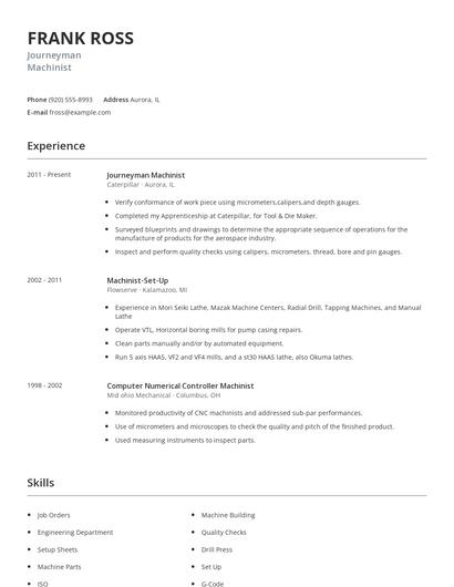 Journeyman Machinist Resume
