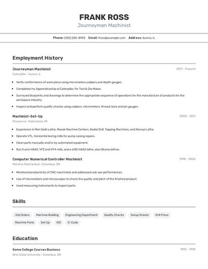 Journeyman Machinist Resume