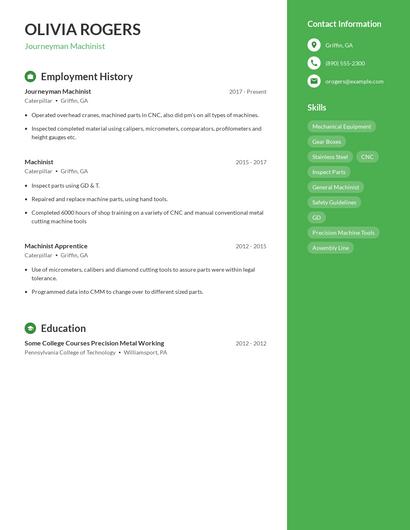 Journeyman Machinist Resume
