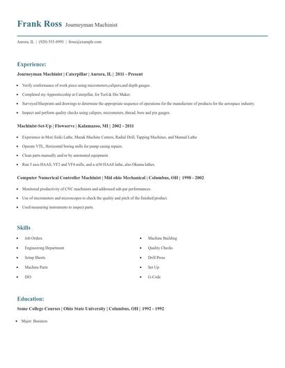 Journeyman Machinist Resume