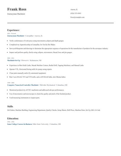 Journeyman Machinist Resume