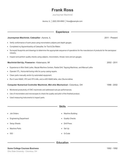 Journeyman Machinist Resume