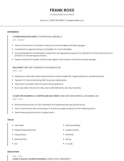 Journeyman Machinist Resume