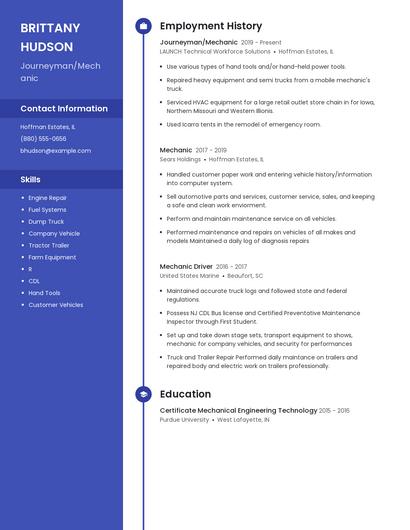 Journeyman/Mechanic Resume