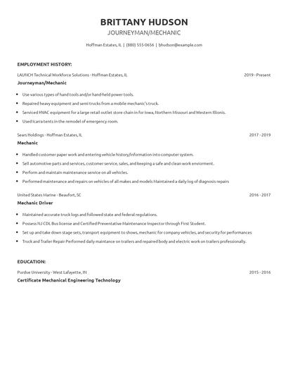 Journeyman/Mechanic Resume